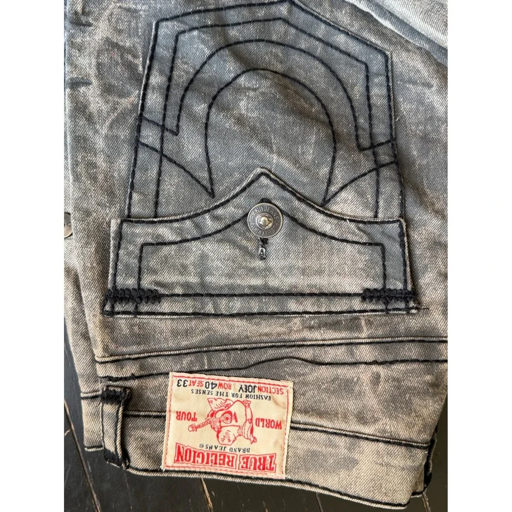 True Religion Joey Mens Gray Acid Wash Black Triple Stitch Jeans Size 40x33 USA